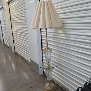 Classic Cream Glass and Brass Table Lamp with Integrated Glass Shelf